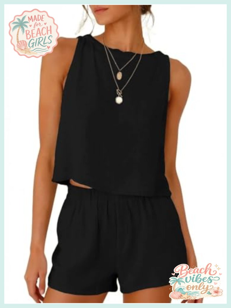 Linen Blend Tank Top And Shorts Set Relaxed Fit Summer Beach Outfit